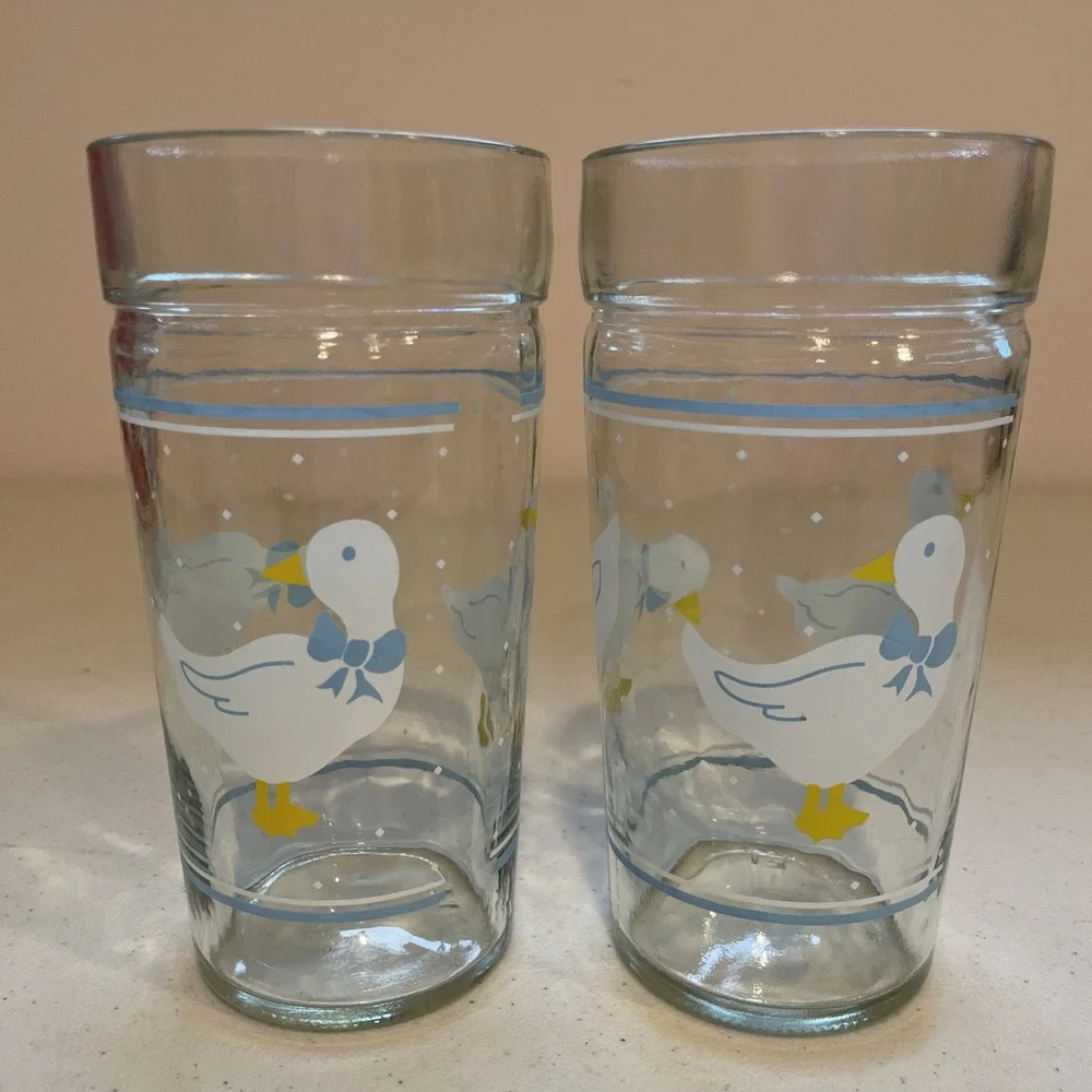 Vtg Set 4 Geese Goose Duck Glasses Cups Blue Ribbon Bow Libbey Anchor Hocking
